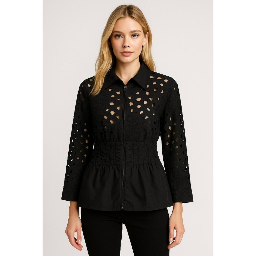Samuel Dong Rare Black Cutout Floral Eyelet Blouse Jacket Women’s Size M – Like